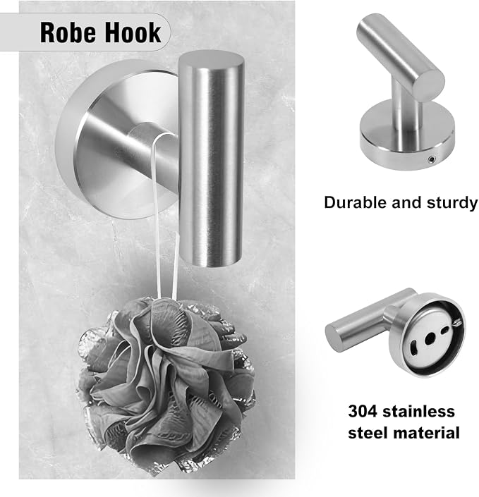 5 Piece Modern Style Wall Mounted Bathroom Hardware Set | #304 Stainless Steel, 24" Towel Bar Mount, Towel Rings, L Shape Toilet Paper Holder, Bathrobe Hook (Brushed Nickel)