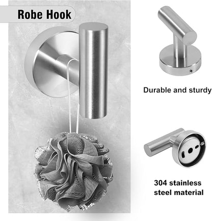 5 Piece Modern Style Wall Mounted Bathroom Hardware Set | #304 Stainless Steel, 24" Towel Bar Mount, Towel Rings, L Shape Toilet Paper Holder, Bathrobe Hook (Brushed Nickel)
