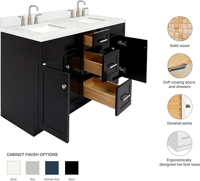 ARIEL Hamlet 60-inch Bathroom Vanity with Sink,Solid Wood, 1.5-inch Carrara White Quartz Countertop & Backsplash, Double Rectangular Porcelain Sink, 4 Soft Closing Doors, 3 Dovetail Drawers, Black