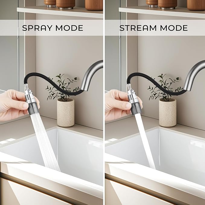 FGKQ Brushed Nickel Bathroom Faucet 3 Hole with Pull Down Sprayer 2 Modes, Pull Down Bathroom Sink Faucet with Pop Up Drain, 8 Inch Widespread Bathroom Faucet