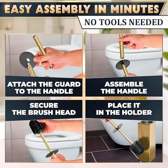 Gold Toilet Brush and Holder Set, Stainless Steel (Square) | Toilet Brush with Holder Set for Bathroom, Splash Protection & Dense Bristles for Bathroom Cleaning, Removable Inner Bowl