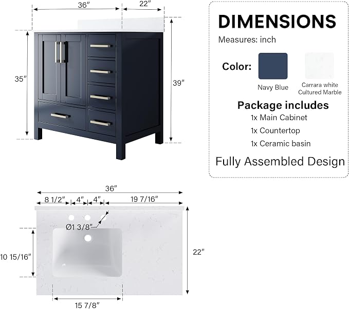 36-Inch Bathroom Vanity with Sink, 2 Soft-Close Doors and 5 Soft-Close Drawers, Bathroom Freestanding Vanity with Cultured Marble Countertop, Navy Blue Vanity with Brushed Nickel Handles