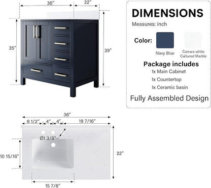 36-Inch Bathroom Vanity with Sink, 2 Soft-Close Doors and 5 Soft-Close Drawers, Bathroom Freestanding Vanity with Cultured Marble Countertop, Navy Blue Vanity with Brushed Nickel Handles