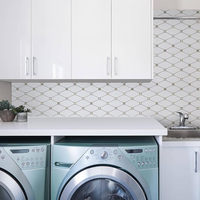 STICKGOO 10 Sheets Peel and Stick Backsplash, Pure White | PVC Mixed Metal Gold Kitchen Backsplash, Waterproof, Self Adhesive Wall Tiles for Kitchen, Bathroom, Vanities