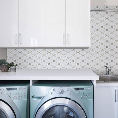 STICKGOO 10 Sheets Peel and Stick Backsplash, Pure White | PVC Mixed Metal Gold Kitchen Backsplash, Waterproof, Self Adhesive Wall Tiles for Kitchen, Bathroom, Vanities