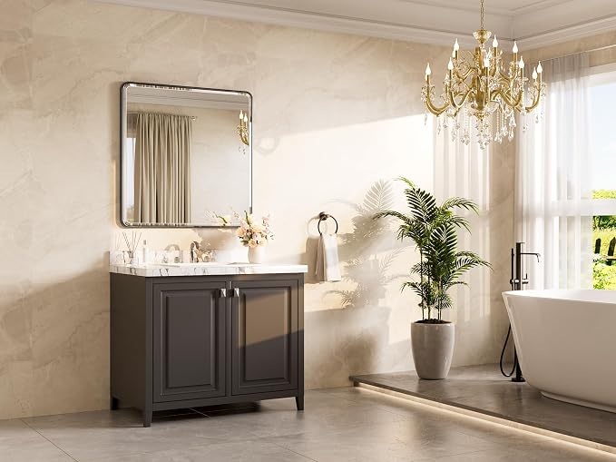 Black Vanity Mirror for Bathroom 36 x 36 Beveled Edge Tempered Glass, Rounded Corner Rectangle Wall Mirror for Modern Bathroom, Living Room, Bedroom, Entryway