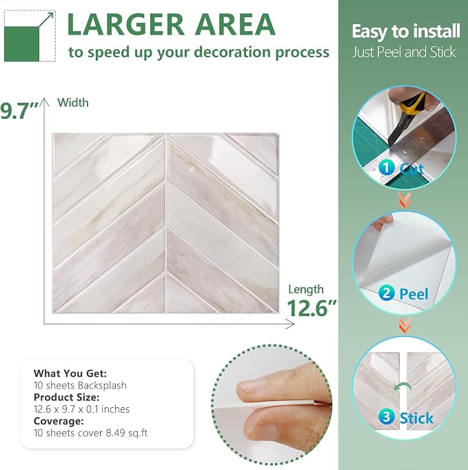 STICKGOO Herringbone Peel and Stick Backsplash, Eurasian Wood, 10 Sheets | 12.6 x 9.7 in, Thicker Rectangular Vinyl Stick-On Wall Tiles, Easy Alignment, Waterproof, Easy to Clean, Kitchen/Bathroom
