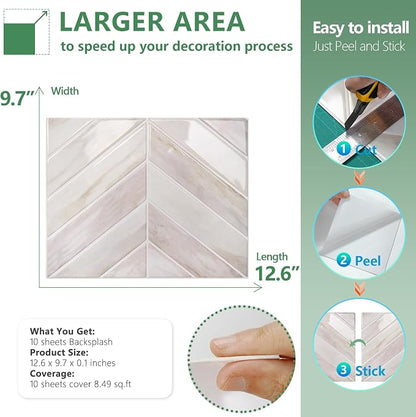 STICKGOO Herringbone Peel and Stick Backsplash, Eurasian Wood, 10 Sheets | 12.6 x 9.7 in, Thicker Rectangular Vinyl Stick-On Wall Tiles, Easy Alignment, Waterproof, Easy to Clean, Kitchen/Bathroom