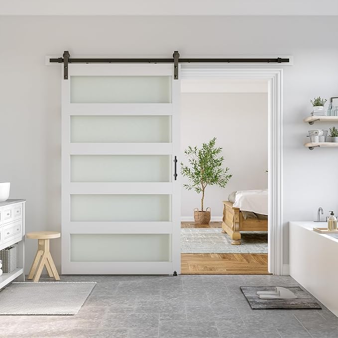 SMARTSTANDARD 48 x 84 in Glass Barn Door with 8FT Sliding Hardware Kit | Pre-Drilled Ready to Assemble, Waterproof PVC Coating, White, 5-Panel Glass