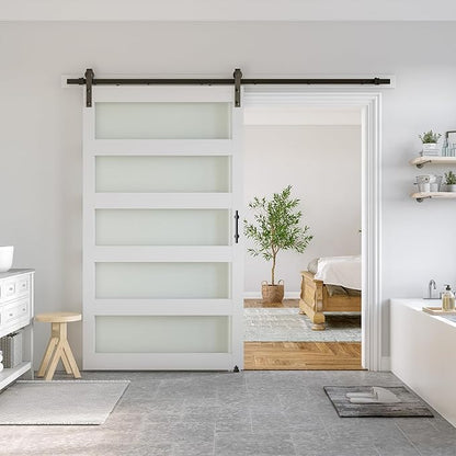 SMARTSTANDARD 48 x 84 in Glass Barn Door with 8FT Sliding Hardware Kit | Pre-Drilled Ready to Assemble, Waterproof PVC Coating, White, 5-Panel Glass