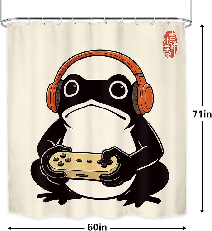 Funny Frog Japanese Gamer Anime Vintage Gaming Bathroom Shower Curtain Set | 60Wx71H Cool Retro waterproof HD print, quick-dry fabric, and 12 hooks for easy setup