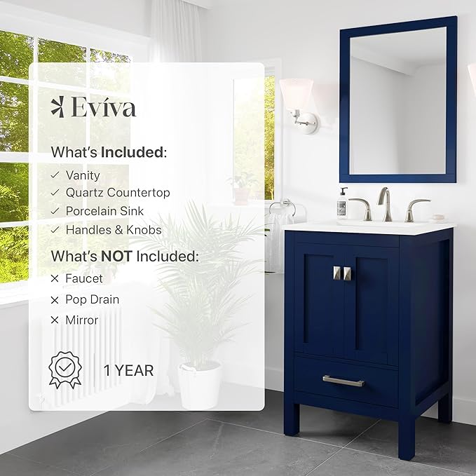 Eviva Aberdeen 24 in. Blue Single Sink Bath Vanity with Carrara Quartz Top and Undermount Porcelain Sink