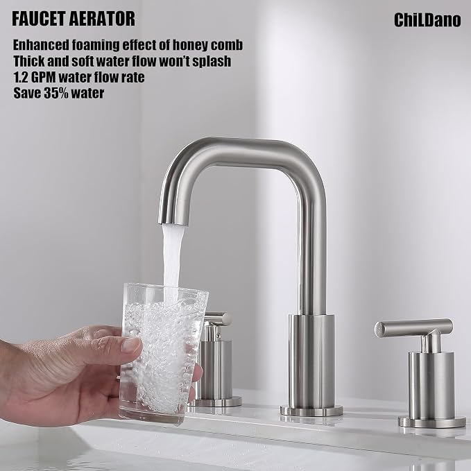 8 inch Brushed Nickel Widespread Bathroom Faucet, 2 Handle 3 Hole Bathroom Faucet with Sink Drain and Water Faucet Supply Hose, ChiLDano Bathroom Faucets CH3166BN | ChiLDano Satin Nickel Sink Faucet Bathroom with 360 Swivel Spout, Brushed Nickel Vanity...
