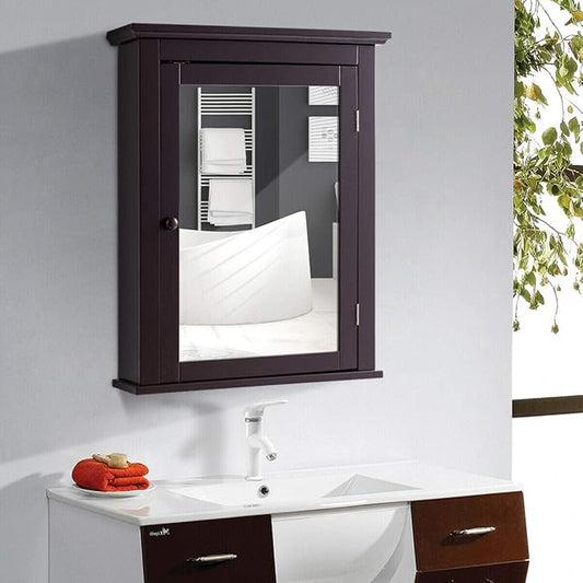 Tangkula Bathroom Cabinet with Mirror, Mirrored Wall-Mounted Storage Medicine Cabinet w/Single Door & Adjustable Shelf in 5 Positions, Multipurpose Wall Cabinet for Bathroom (Brown)