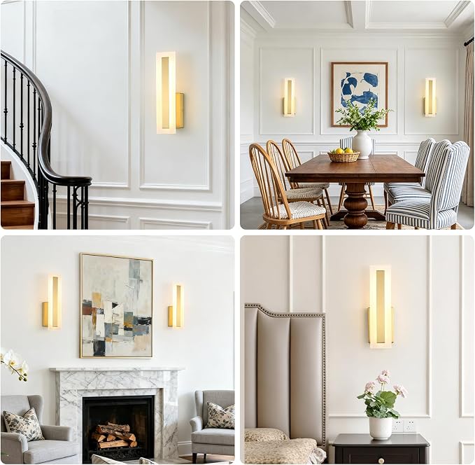 Hardwired Wall Sconces Set of 2 Dimmable Modern Gold LED Wall Light | 14Inch Modern Bathroom Vanity Light 3000K 3500K 4000K 5000K 6000K, Indoor Wall Lights for Bedroom, Living Room,Hallway