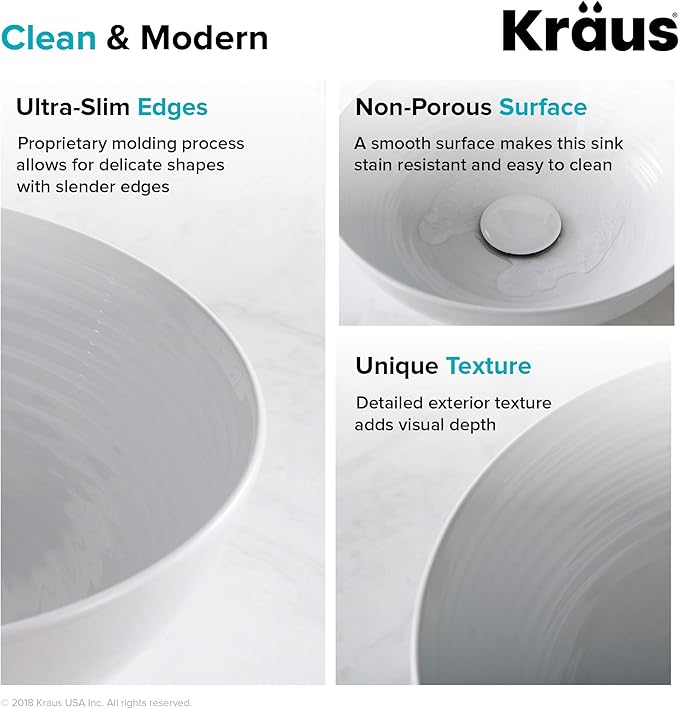 KRAUS Viva™ Round White Porcelain Ceramic Vessel Bathroom Sink, 13 in. D x 4 3/8 in. H, KCV-204GWH