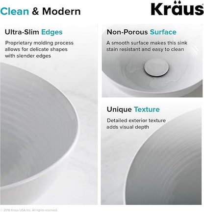 KRAUS Viva™ Round White Porcelain Ceramic Vessel Bathroom Sink, 13 in. D x 4 3/8 in. H, KCV-204GWH