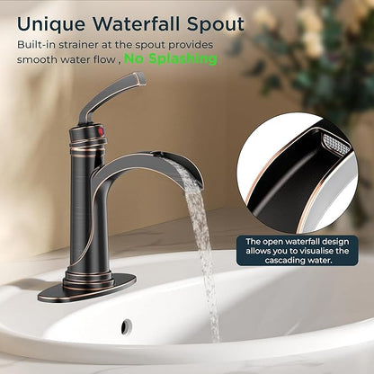 Forious Bathroom Sink Faucet Oil Rubbed Bronze Single Handle One Hole Antique Waterfall Bathroom Faucet with Metal Pop Up Drain and Deck Plate for Lavatory Vanity Farmhouse RV
