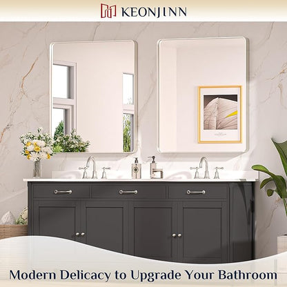 Keonjinn 30 x 36 Brushed Nickel Bathroom Mirrors for Over Sink, Rounded Rectangle Bathroom Vanity Mirror, Brushed Silver Framed Farmhouse Mirror, HD Tempered Glass Wall Mirror(Horizontal/Vertical)