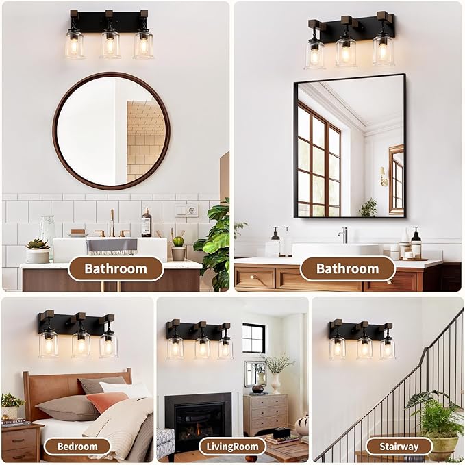 Farmhouse Bathroom Light Fixtures, 3 Light Bathroom Vanity Light, Black Industrial Style with Clear Glass Shades, Wood Bathroom Lighting Fixtures Over Mirror for Bedroom, Living Room