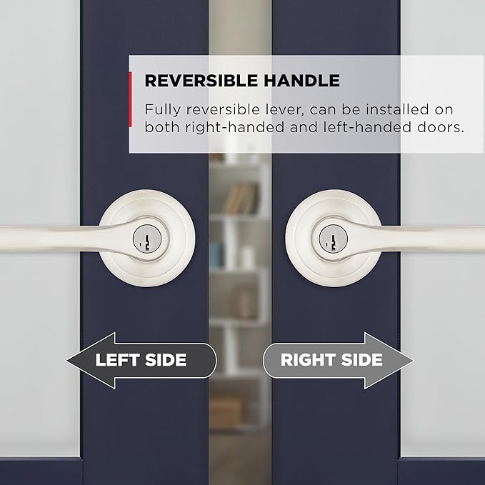 Kwikset Henley Entry Door Handle with Lock and Key, Secure Keyed Reversible Lever Exterior, For Front Entrance and Bedrooms, Satin Nickel, Pick Resistant Smartkey Rekey Security and Microban