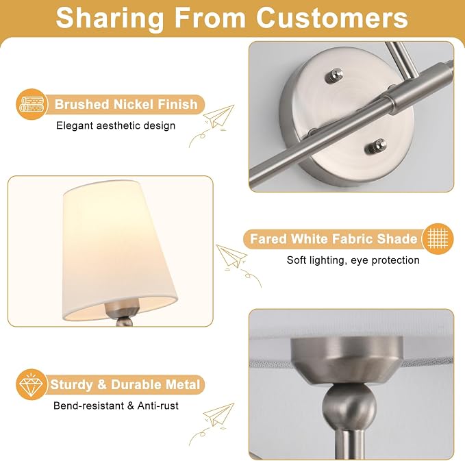 Bathroom Light Fixtures, 3-Light Brushed Nickel Vanity Lights, 25" Bathroom Lighting Fixtures Over Mirror with White Flared Fabric Shade, Modern Wall Sconces for Bathroom Bedroom Living Room Hallway