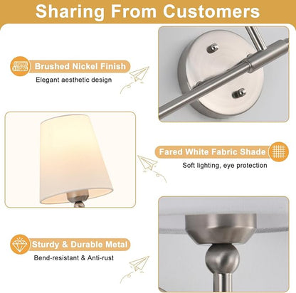 Bathroom Light Fixtures, 3-Light Brushed Nickel Vanity Lights, 25" Bathroom Lighting Fixtures Over Mirror with White Flared Fabric Shade, Modern Wall Sconces for Bathroom Bedroom Living Room Hallway