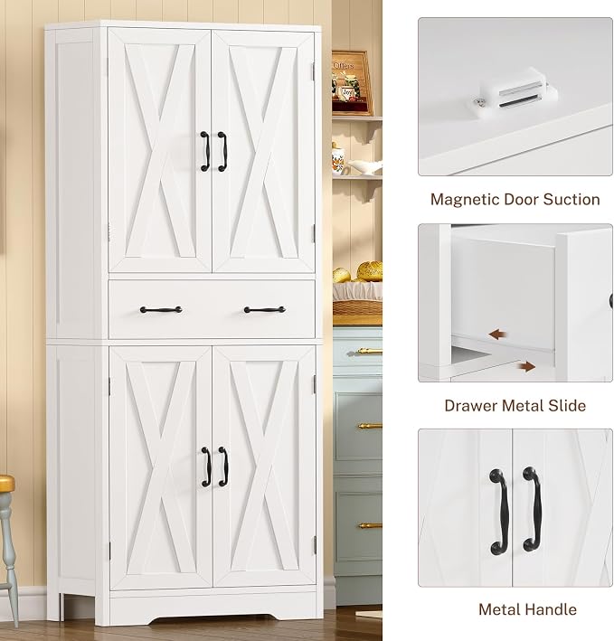 Tall Storage Cabinet with 2 Adjustable Shelves & 1 Large Drawer, Kitchen Pantry Cabinet with 4 Doors, Bathroom Storage Cabinets, for Living Room, Kitchen, Bathroom, White
