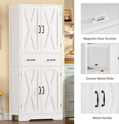 Tall Storage Cabinet with 2 Adjustable Shelves & 1 Large Drawer, Kitchen Pantry Cabinet with 4 Doors, Bathroom Storage Cabinets, for Living Room, Kitchen, Bathroom, White