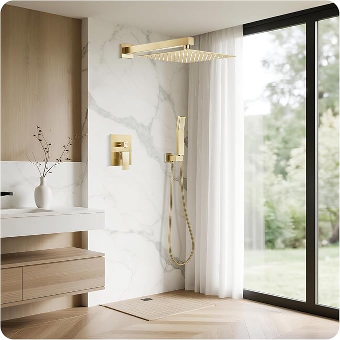 Gold Shower Faucet Set, 10 inch Rain Shower System with Pressure Balance Valve, Wall Mounted 2-Functions Bathroom Shower Systems with Rain Shower and Handheld Spray Shower Trim Included