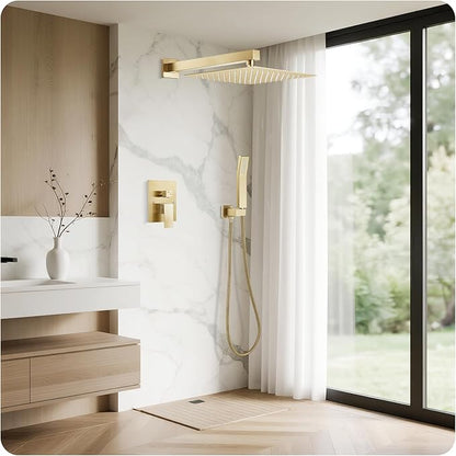 Gold Shower Faucet Set, 10 inch Rain Shower System with Pressure Balance Valve, Wall Mounted 2-Functions Bathroom Shower Systems with Rain Shower and Handheld Spray Shower Trim Included