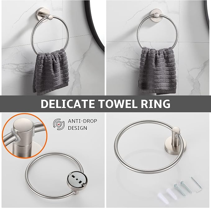 BGL Bathroom Accessory Set,4-Piece Brushed Nickel Towel Racks for Bathroom, 24 Inches Towel Bar, Towel Ring, Toilet Paper Holder & Robe Hook, Wall Mounted
