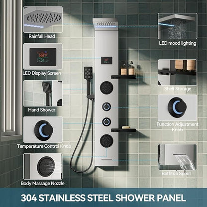 5 in 1 Brushed Nickel Shower Panel Tower System With Storage Shelf, 304 Stainless Steel Shower Tower with Rainfall Shower Handheld and Tub Spout, Powerful Body Jets, Wall-Mounted Shower Set