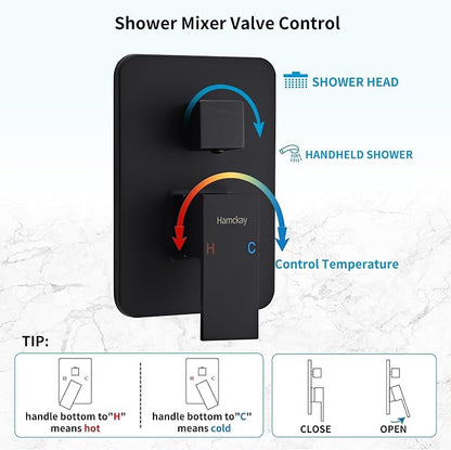 12 Inch Matte Black Shower Faucet Set with Square Rain Shower Head and Handheld Spray, Wall Mounted Rainfall Shower Head with Handheld Combo, Bathroom luxury Shower System with Valve and Trim