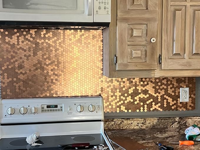 Peel and Stick Backsplash Mini Hexagon Tile, Light Copper Brushed Aluminum Metal Wall Tile for Kitchen (12 Sheets)
