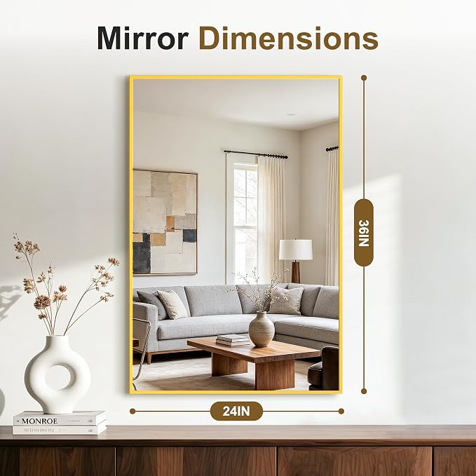 Bathroom Vanity Mirror for Over Sink, 36x24 Inch Matte Gold Mirror | Shatterproof Tempered Glass, Anti-Rust Metal Frame, Rectangle Wall Mirrors for Bedroom, Living Room & Entryway