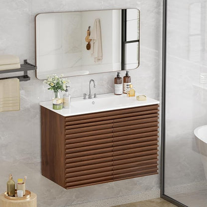 ROOMTEC 36" Bathroom Vanity with Ceramic Sink Combo, Mid-Century Wall Mounted Floating Bathroom Vanity Cabinet with 2 Closing Doors, Wood Grain Texture, Walnut