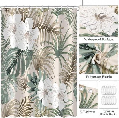 Tropical Shower Curtain for Bathroom, Green Palm Tree Flower Plant Boho Leaf Banana Monstera Sage Beige Shower Curtains Set, Fabric Bathroom Accessories with Hooks 72x84 Inch