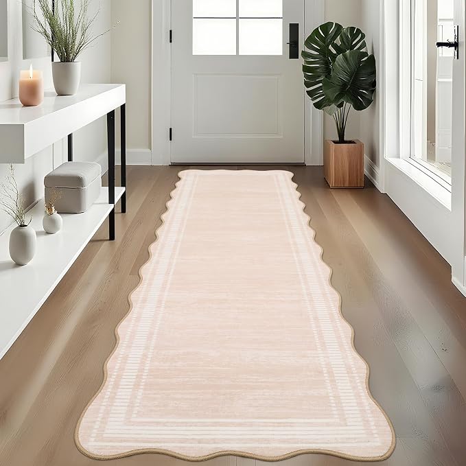 GarveeHome Washable 2x6 Runner Rug for Entryway,Scalloped Bathrooom Rugs Stain-Resistant Easy-Clean Kitchen Rugs with Non-Slip Backing Low Pile Floor Mat Perfect for High-Traffic Areas,Beige