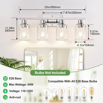 4 Light Bathroom Light Fixtures, Chrome Vanity Lights with Clear Glass Shades, Modern Bathroom Light Fixtures Over Mirror, Modern Bathroom Wall Lamp for Mirror Living Room Cabinet