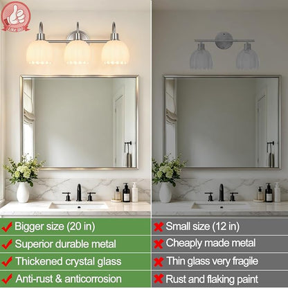 Bathroom Light Fixtures, 3-Light Brushed Nickel Bathroom Vanity Light Over Mirror with White Tulip Glass Shades, Vanity Light Fixture for Bedroom, Living Room & Hallway (Bulbs Not Included)