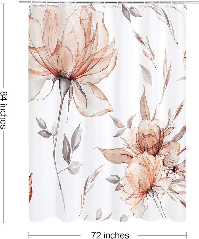 Litabel Extra Long Boho Watercolor Floral Shower Curtain 72 x 84, Orange and Grey Ink Painting Style Flower Shower Curtains for Chic Elegant Bathroom, Artistic XL Fabric Cloth Shower Curtain