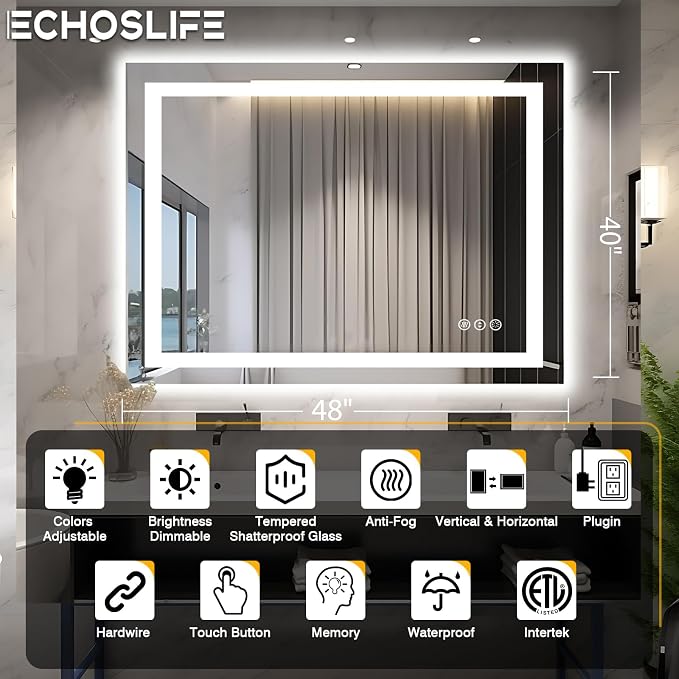 EchosLife 48"x40" LED Lighted Bathroom Mirror | Backlit + Front Lit, Anti-Fog, Stepless Dimmable, 3 Colors, Memory, Tempered Glass, UL Listed, Horizontal/Vertical