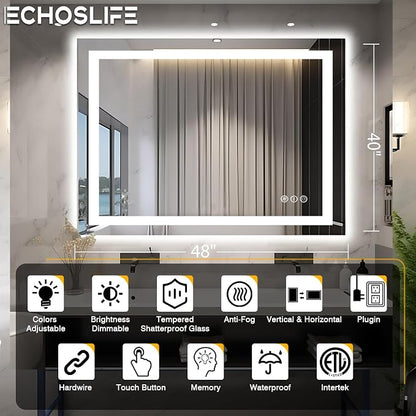 EchosLife 48"x40" LED Lighted Bathroom Mirror | Backlit + Front Lit, Anti-Fog, Stepless Dimmable, 3 Colors, Memory, Tempered Glass, UL Listed, Horizontal/Vertical