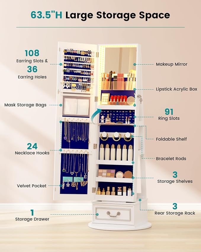 Vlsrka Mirror Jewelry Cabinet Standing with Lights, Lockable, Swivel, White | Standing Jewelry Armoire with Full Length Mirror, Large Jewelry Organizer Storage with Foldable Makeup Shelf, 3 LED Lights