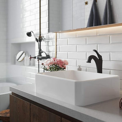 KRAUS Elavo 19-inch Modern Rectangular White Porcelain Ceramic Bathroom Vessel Sink and Matte Black Arlo Faucet Combo Set with Pop-Up Drain, C-KCV-121-1200MB