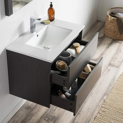 Blossom 30 Inch Bathroom Vanity with Sink - All Wood Floating Vanity Cabinet with Ceramic Sink - 2 Soft-Closing U-Shaped Cutout Drawers - Modern Bathroom Storage Vanities, Silver Grey Finish