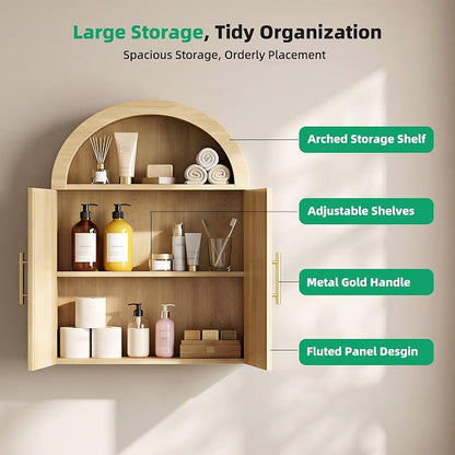 Kalrin Arched Wall Cabinet, Large Wood Bathroom Cabinet Wall Mounted Cupboard, Modern Floating Storage Cabinet with Door Adjustable Shelf, Wood Organizer Light Oak