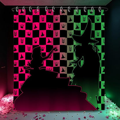 Pink Green Witchy Checkered Magic Hat Crown Shower Curtain Set 72x72 Inches | Pink Green Witchy Magic Hat Crown Checkered Print, Tv Show Home Guest Housewarming Fantasy Fan Bathroom Decor, With Hooks