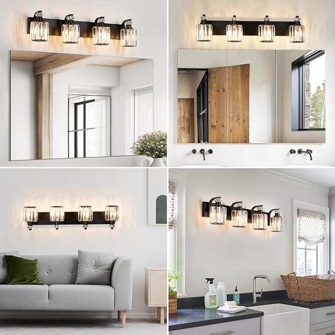 Black Bathroom Light Fixtures with K9 Crystal Lampshade Bathroom Lighting Over Mirror Vanity Lights for Living Room,Bedroom,Restroom,Hallway 4 Lights